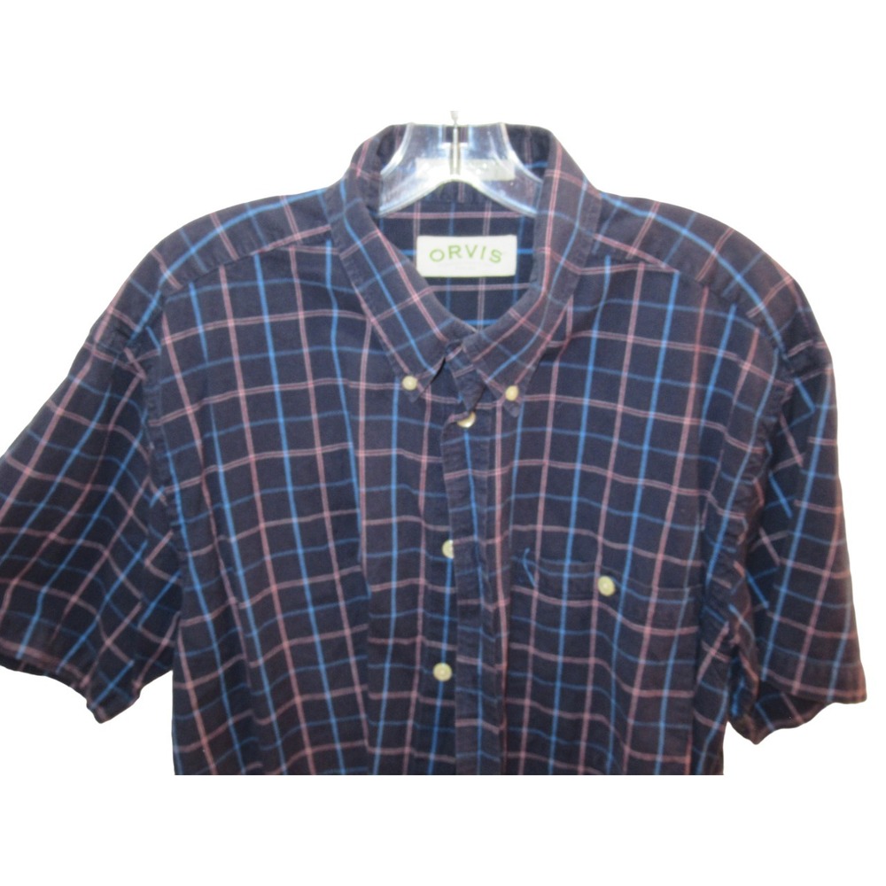 Orvis men button front blue red white plaid Large short sleeve shirt slight wear